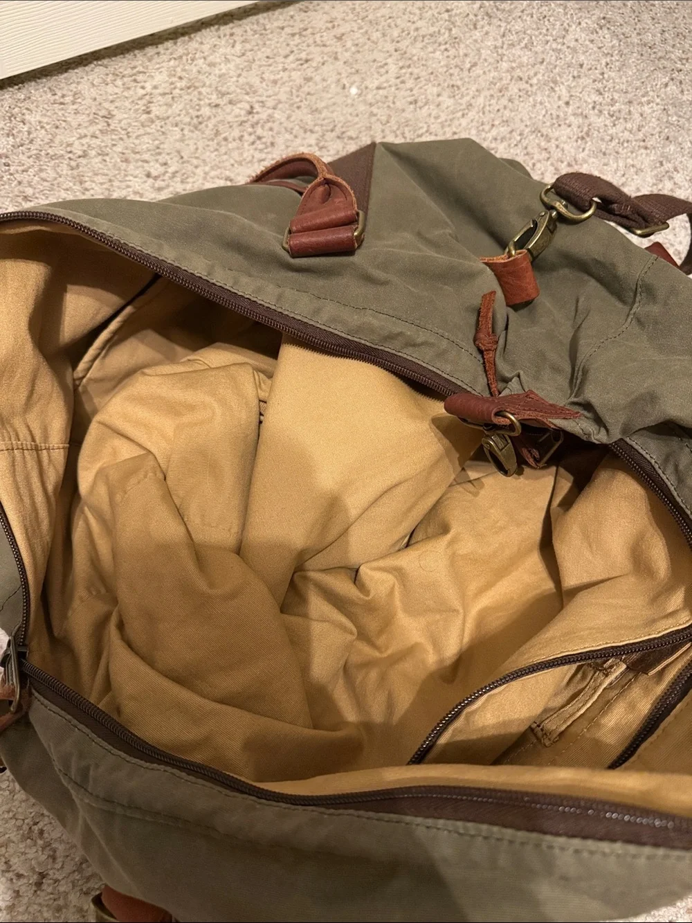 Duluth Trading Co Olive Canvas Duffel with Brown Leather Trim